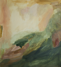 Abstract painting with textured brushstrokes in shades of moss green cream and muted pink