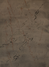 Abstract painting with dark brown wash background layered with thin red and black charcoal-like marks