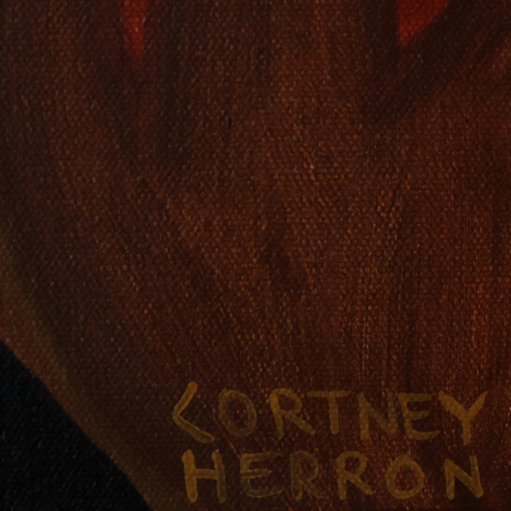Close-up of the bottom right corner of the painting featuring the artist name Cortney Herron written in gold paint
