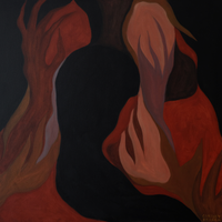 Abstract painting with flowing organic shapes in dark red rust and brown colors