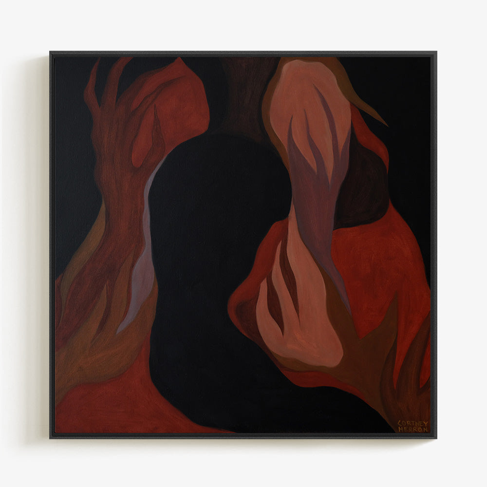 Framed square painting with abstract interwoven figures in deep red and black tones