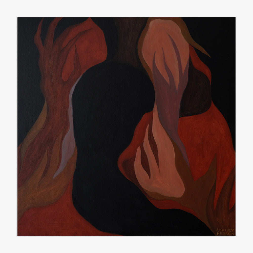 Square framed painting featuring organic interwoven forms in warm earth tones
