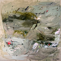 Abstract composition with gestural sweeping brushwork in earth tones including green grey and neutral shades