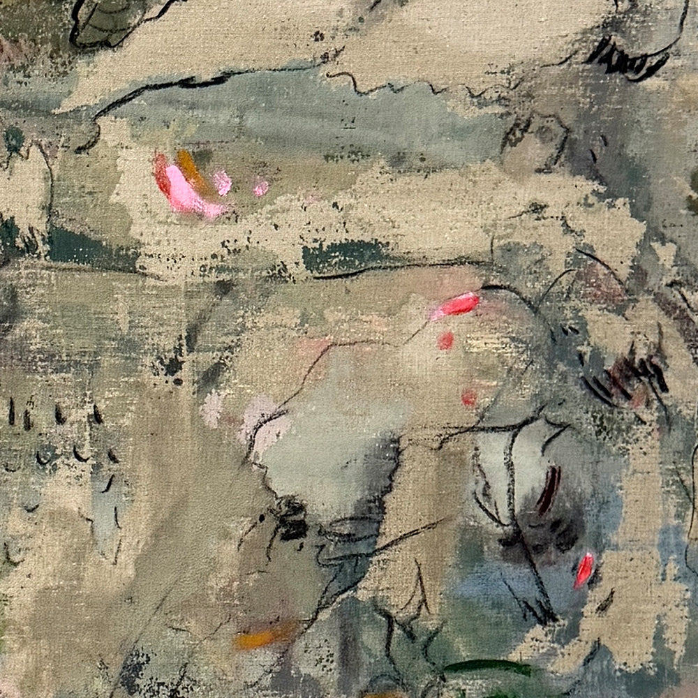 Close-up of an abstract painting with textured neutral and grey brushwork thin dark lines and tiny pink accents