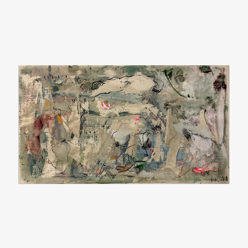 Abstract painting featuring muted green grey and brown tones with delicate black lines and small pops of pink