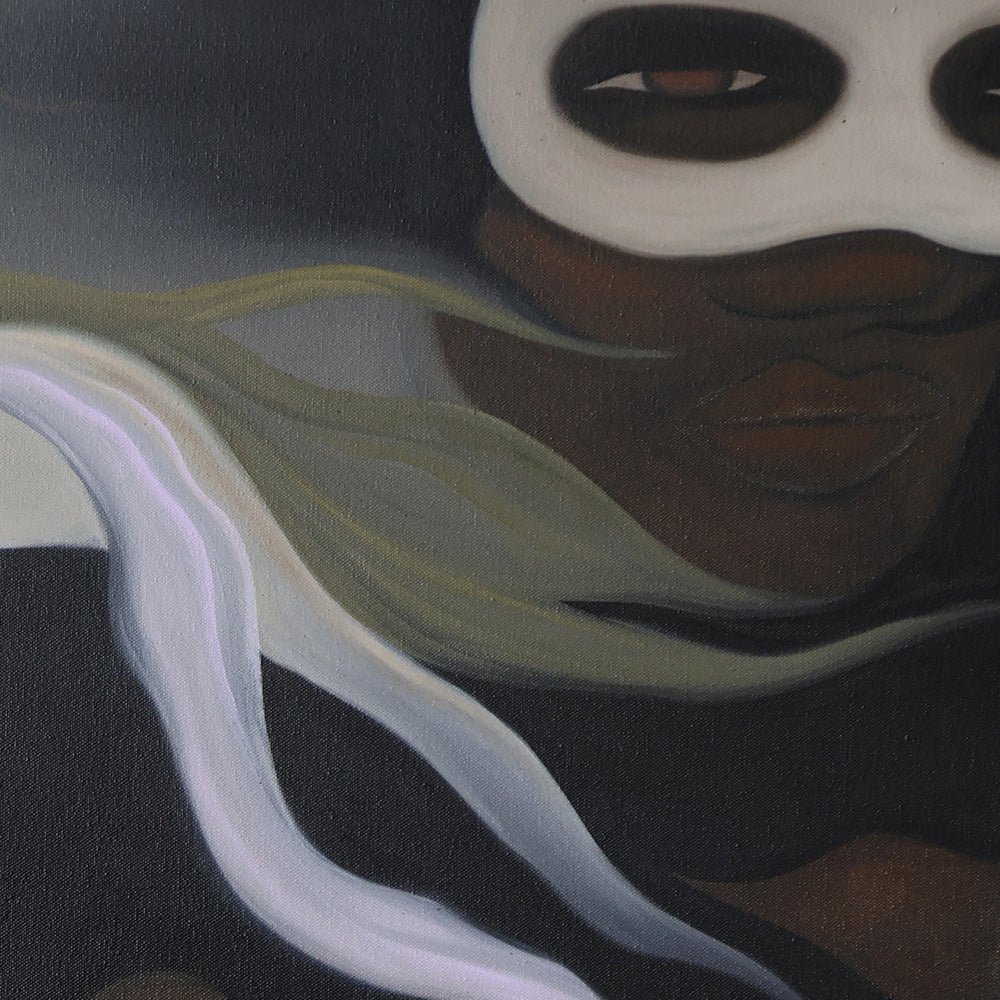 Painting of a person wearing a white mask with flowing abstract shapes