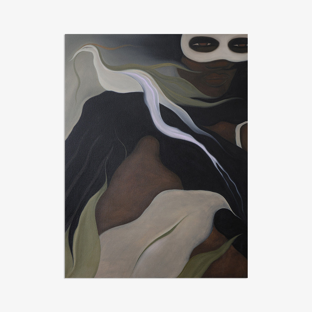 Painting of a masked person with organic leaf-like forms and no frame
