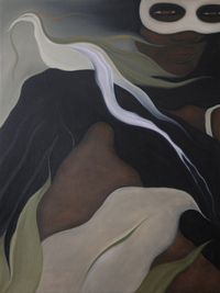 Surreal oil painting of a masked figure with dark skin dark hair and flowing white organic shapes