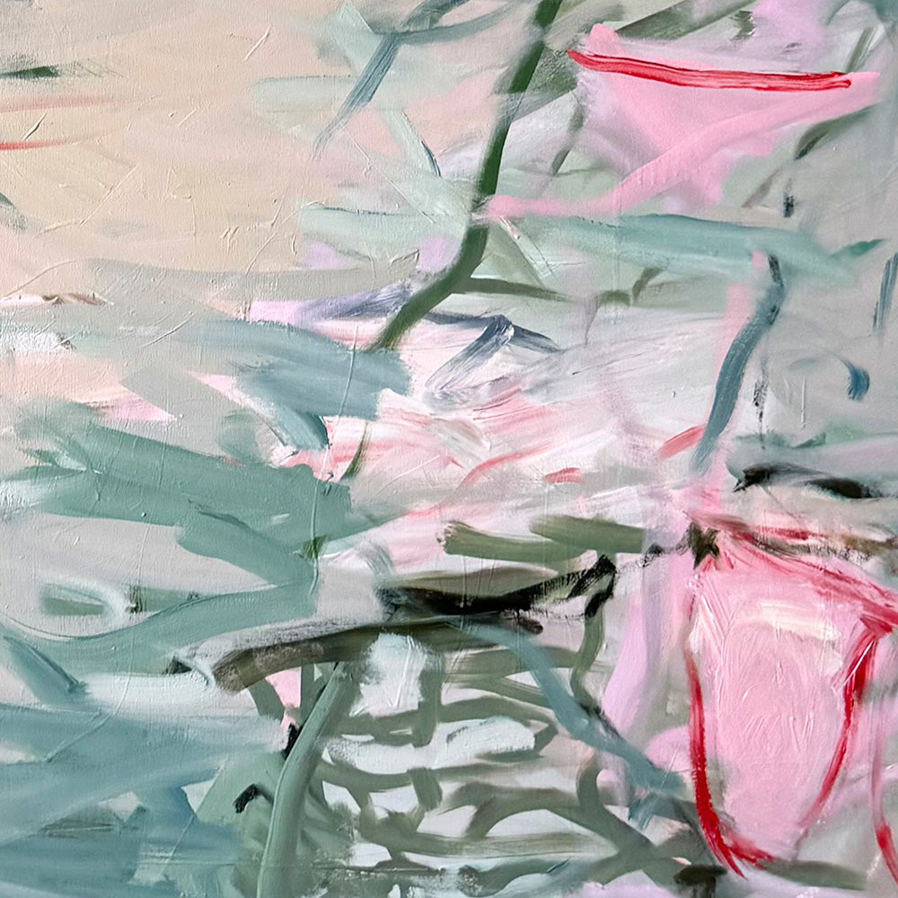 Detail view of abstract painting with textured brushwork in green and pink featuring dynamic sweeping motions