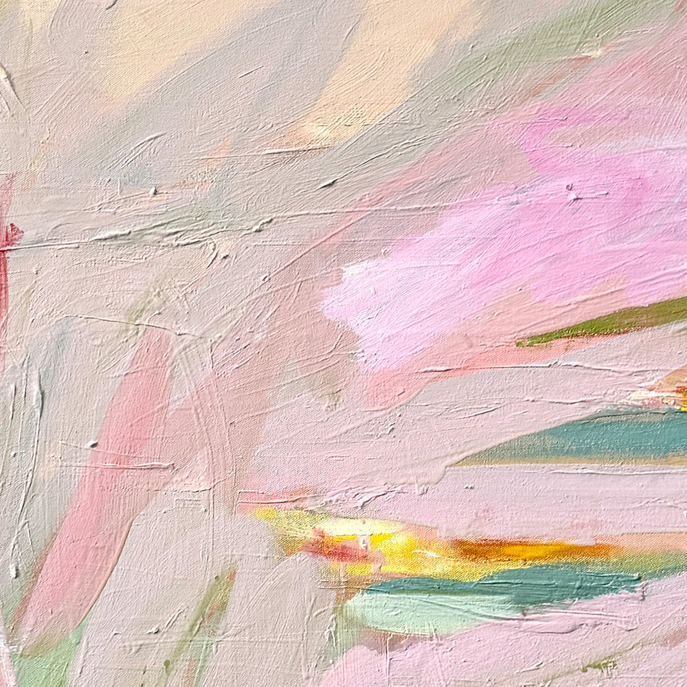 Close-up detail of a textured painting with swirling pastel pink soft cream and subtle golden-yellow accents