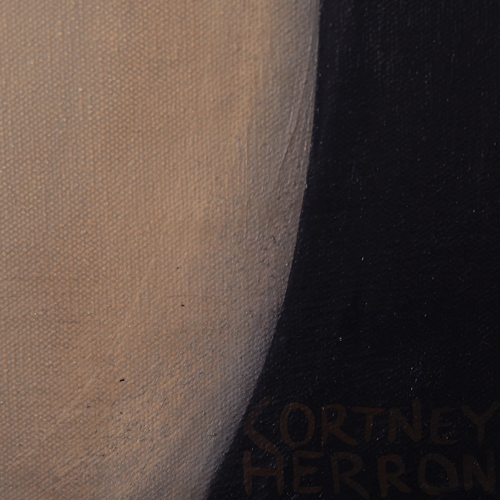 Close-up detail of a painting showing a beige curved shape against a black background with signature in bottom corner