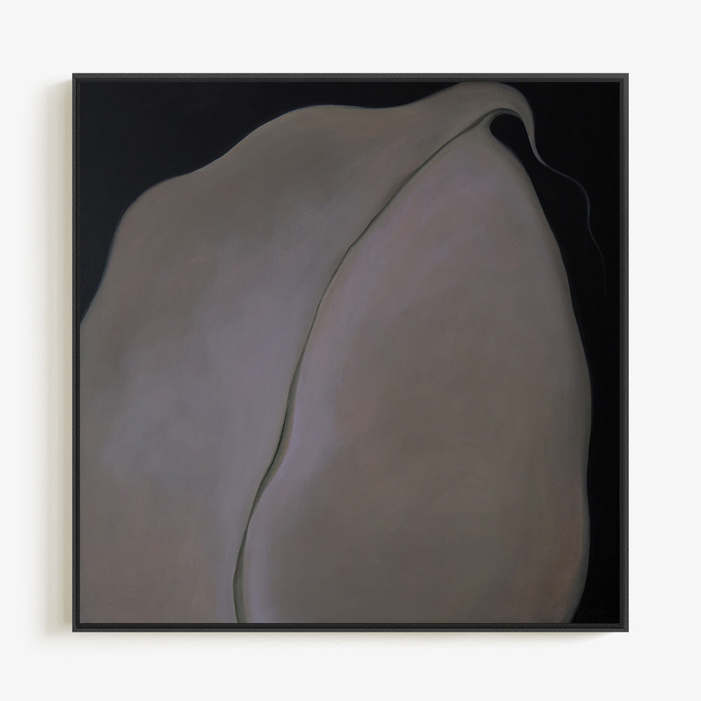 Framed abstract painting featuring a soft sculptural grey shape set against a stark solid black background
