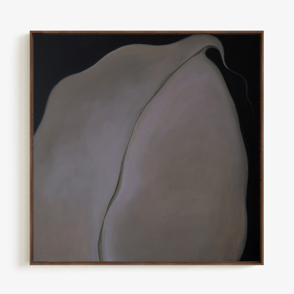 Abstract painting in a wooden frame displaying a smooth organic grey form against a deep black background