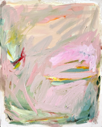 Abstract painting featuring soft pastel pinks muted greens and subtle yellow accents in expressive brushstrokes