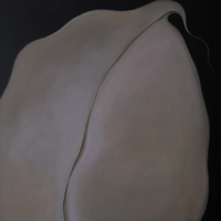 Abstract oil painting on canvas showing a singular bulbous grey organic form against a dark background