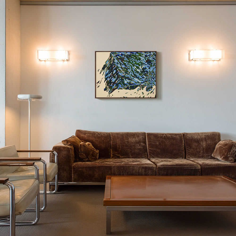 The painting Loop and Lil Agree by Codie OConnor hanging above a brown velvet sofa in a modern room