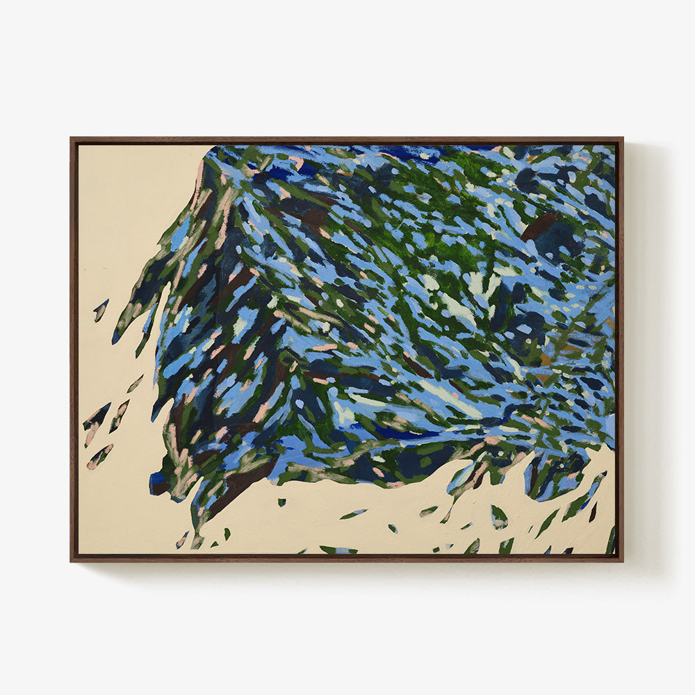 Abstract painting Loop and Lil Agree by Codie OConnor framed in a dark wood frame featuring blue and green strokes