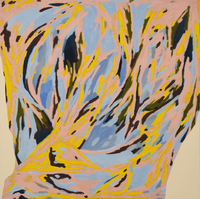 Full view of an abstract painting with expressive brushstrokes in shades of pink yellow and blue on canvas