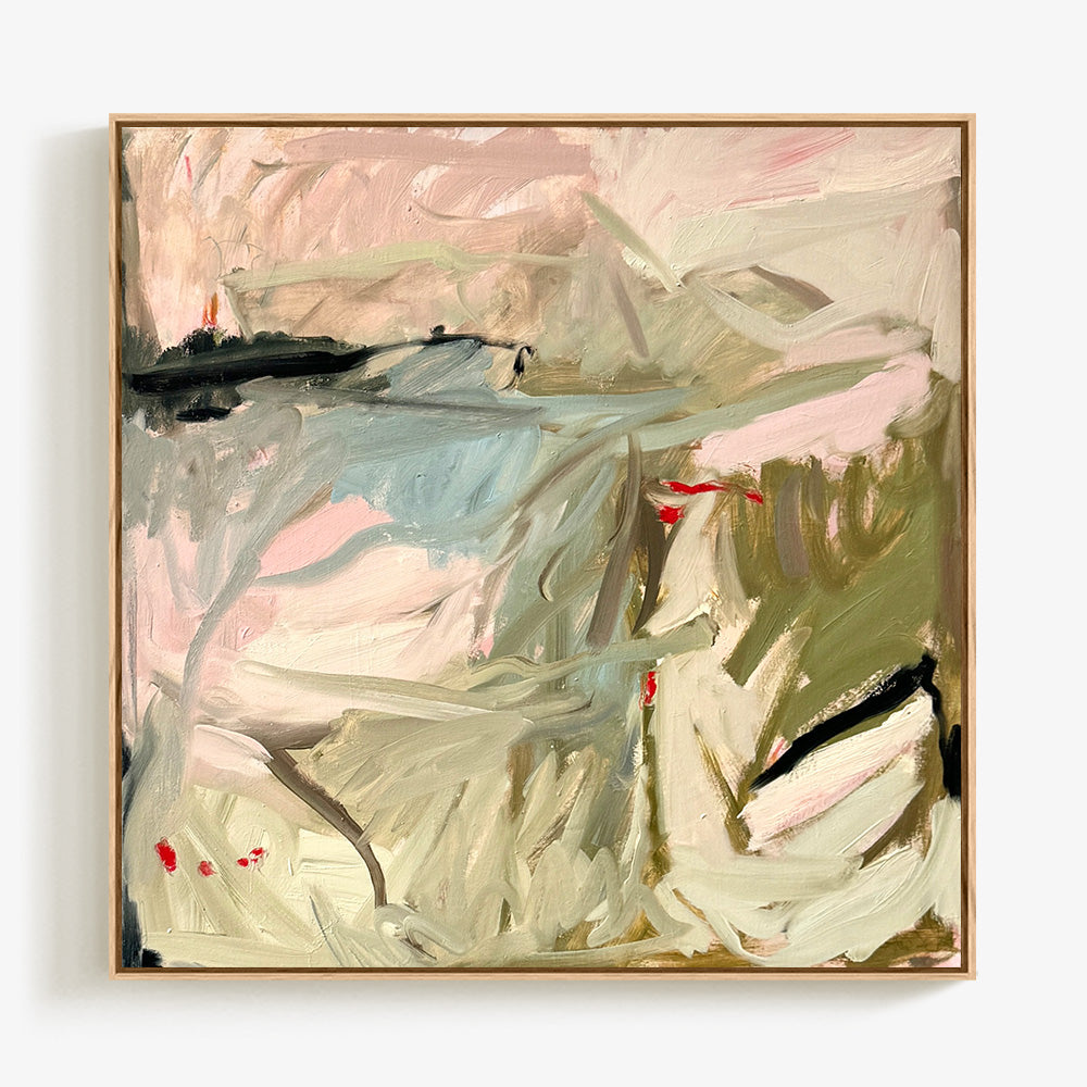Square abstract painting with muted earth tones soft pinks and gestural black and red line work