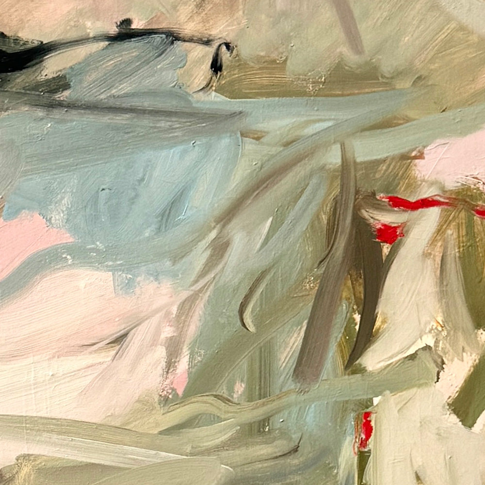 Close-up of an abstract painting with textured layers of light blue olive green pink and dark brown paint