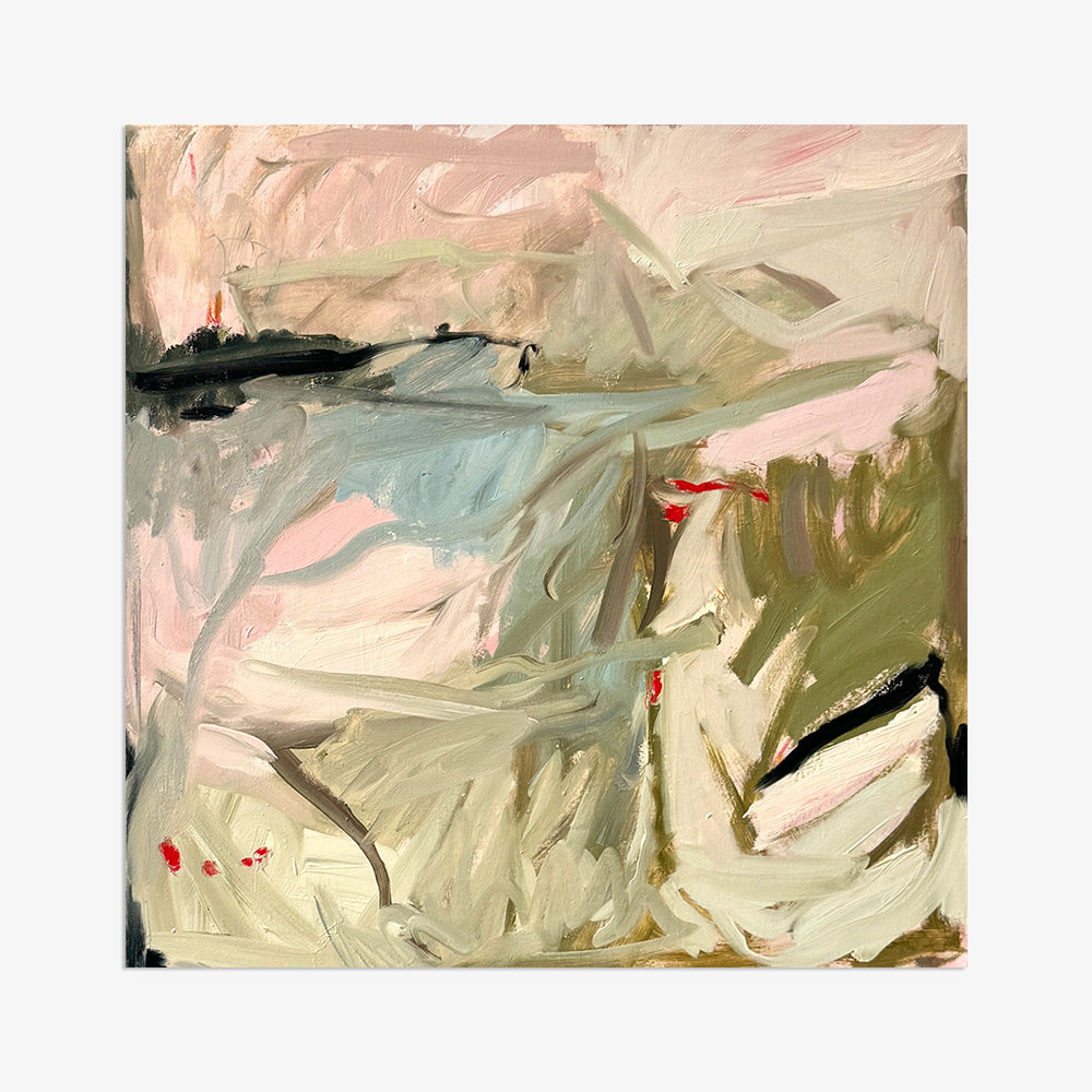Square abstract painting with thick gestural brushwork in a palette of sage green pale pink and deep black