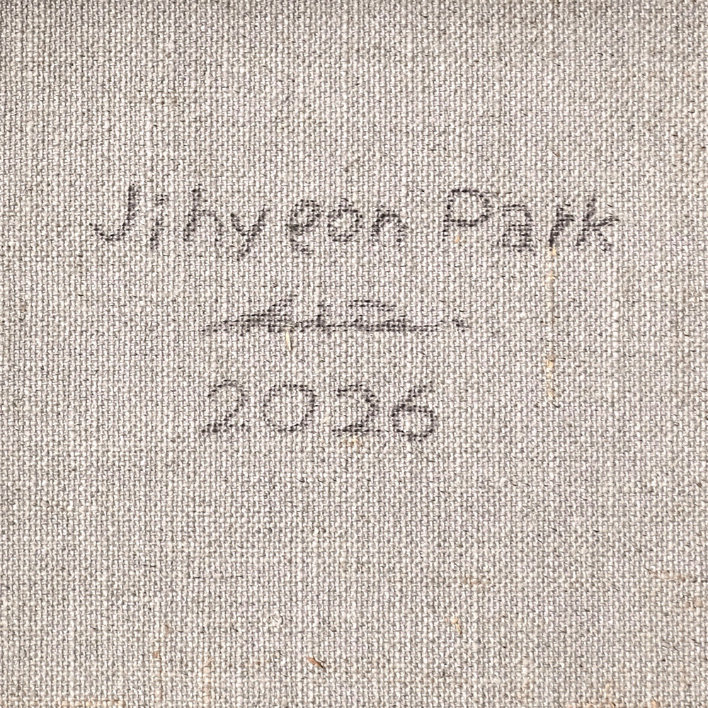Artist signature Jihyeon Park and date 2026 embroidered on a coarse beige canvas surface