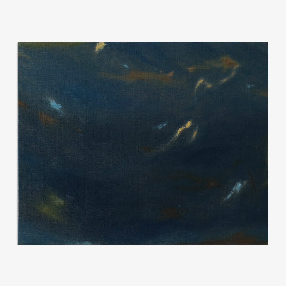 Abstract oil painting displaying expressive blue and ochre strokes over a dark deep-sea colored background