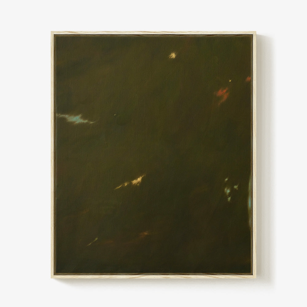 Abstract painting with dark earth tones and faint highlights in a light-colored wooden frame