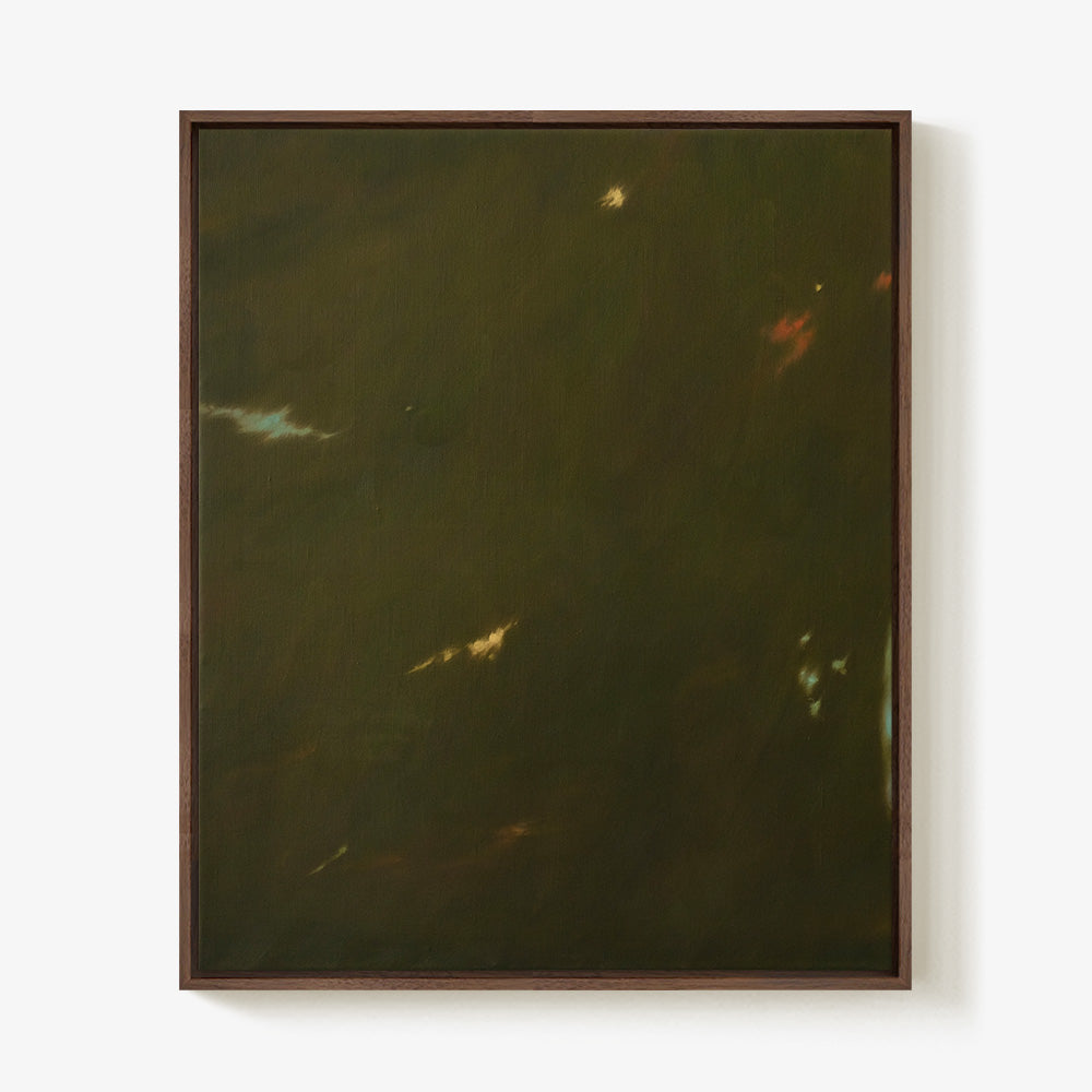 Abstract painting characterized by a dark moody color palette with subtle light streaks in a dark frame