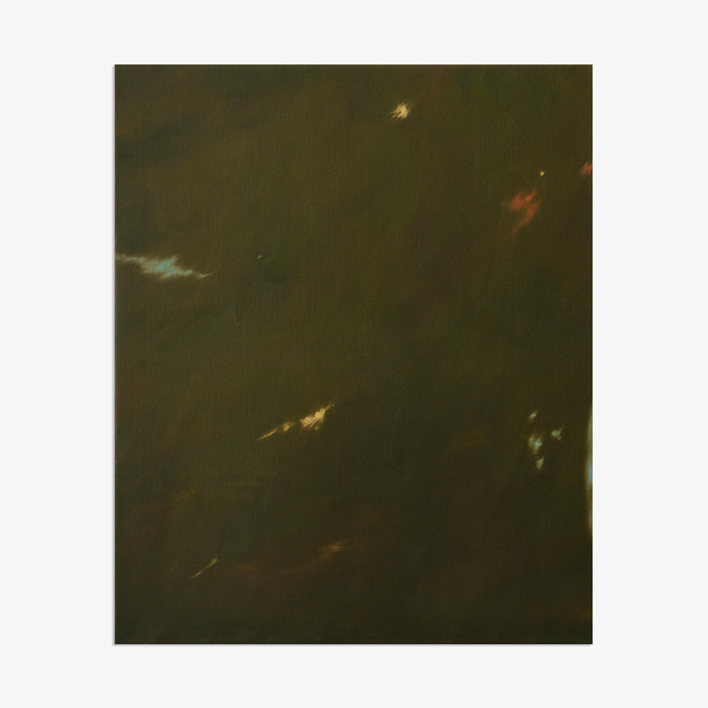Abstract painting displaying dark atmospheric tones with soft luminous highlights