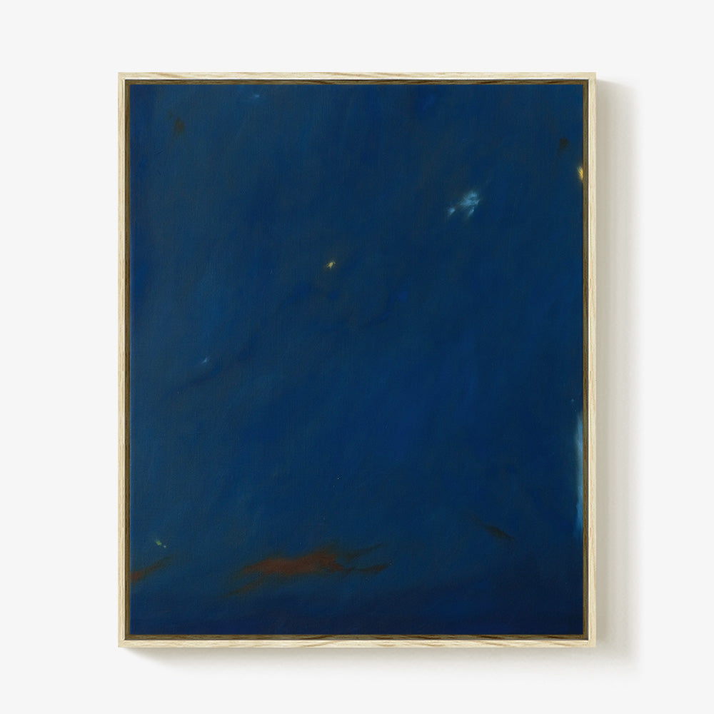 Abstract painting Nocturnal Current II by Jihyeon Park in a light wooden frame featuring deep blue with some orange