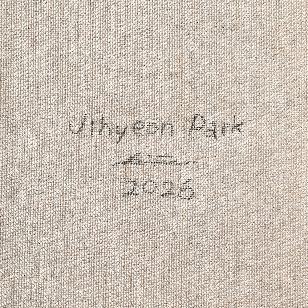 Close-up of the back of the painting with signature Jihyeon Park and year 2026