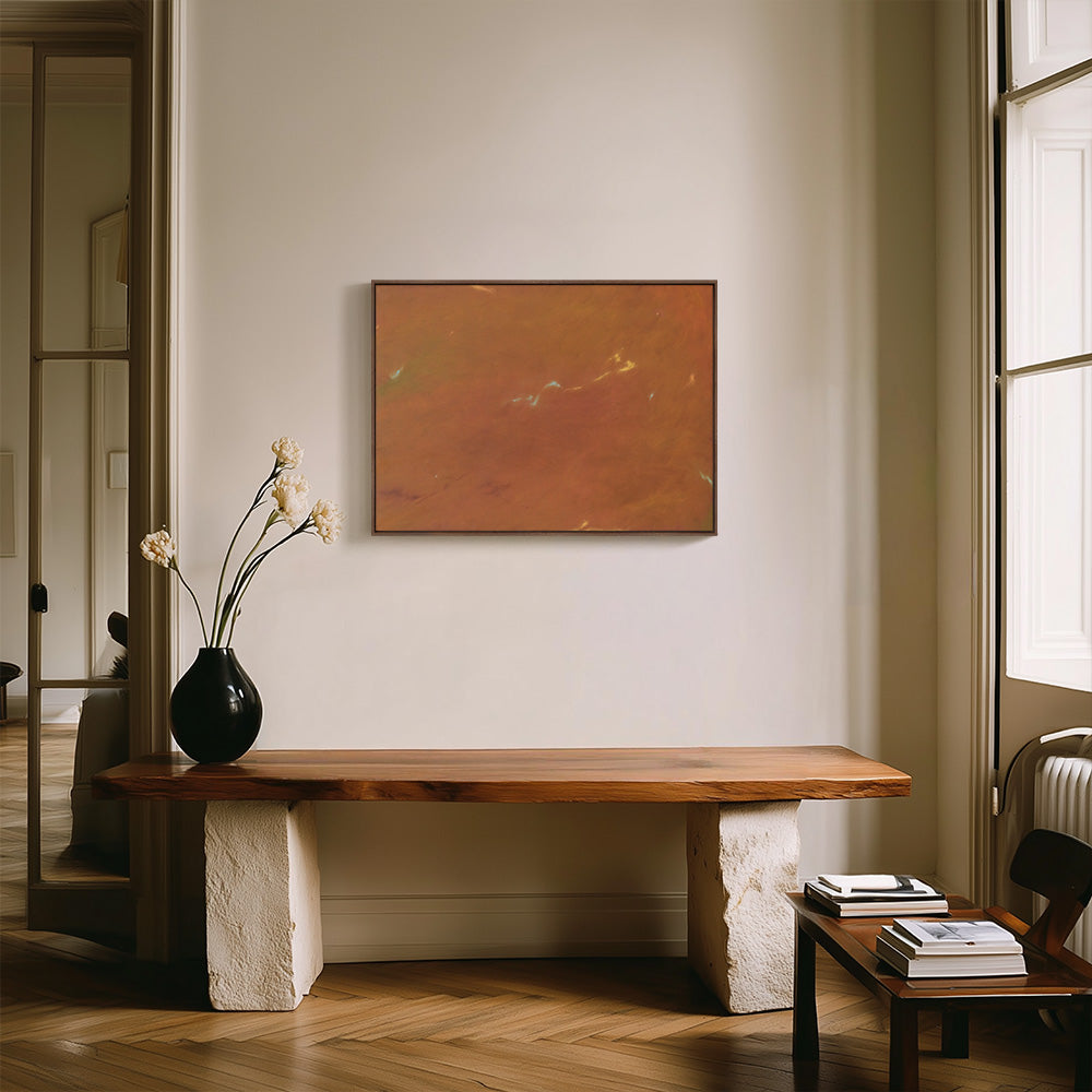 Abstract painting Nocturnal Current III framed hanging above a natural wood bench with stone bases