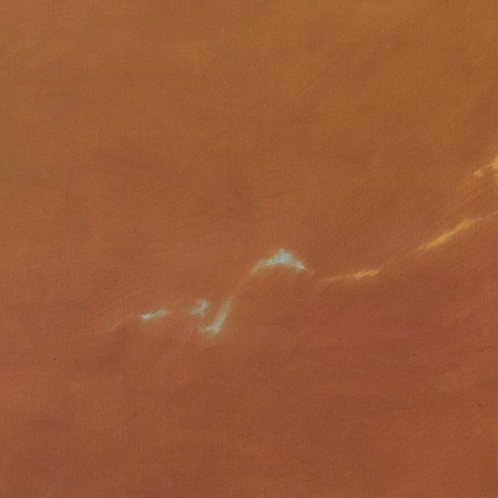 Close-up of abstract painting Nocturnal Current III by Jihyeon Park showing reddish-brown hues and light blue streaks