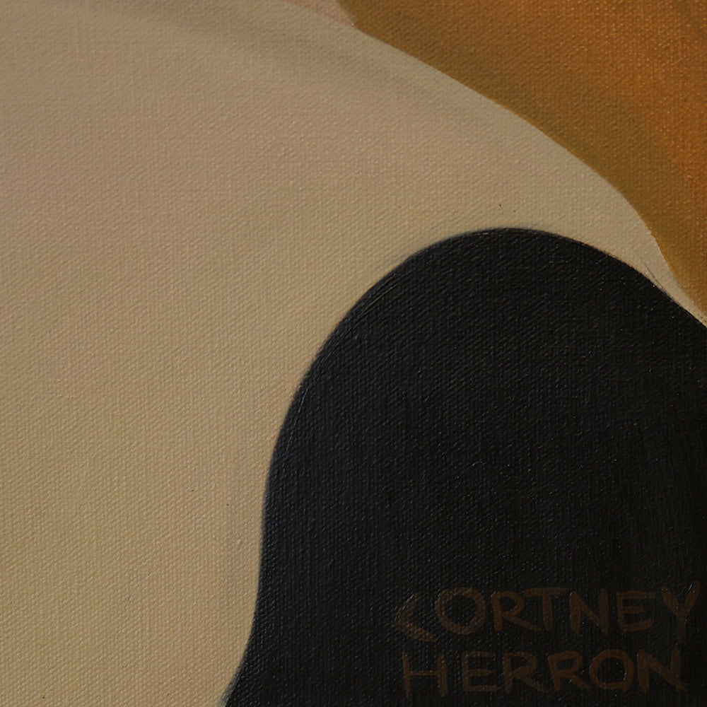 Detail view of a painting showing signature by artist Cortney Herron in black paint on a neutral beige background