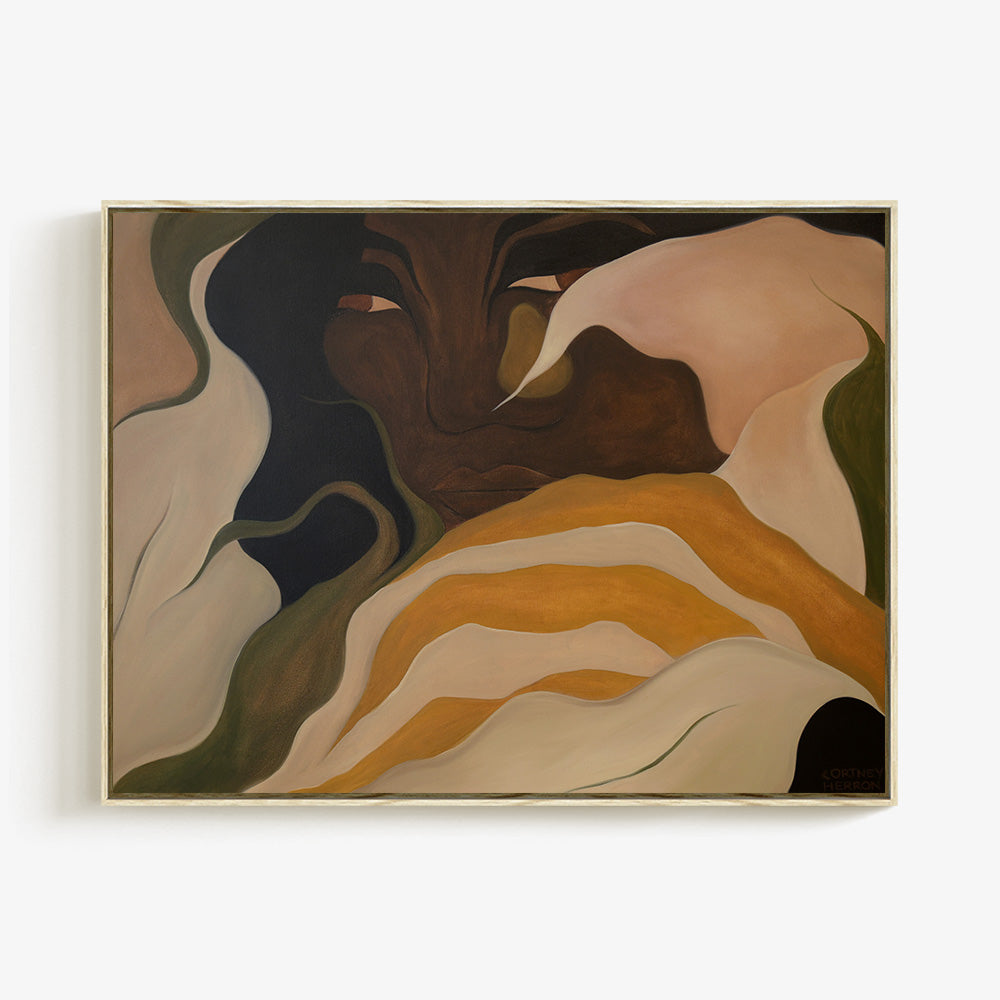 Abstract painting featuring a persons face framed by sweeping organic forms in earthy ochre brown and cream tones