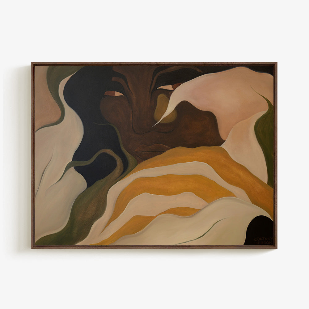 Abstract painting of a face partially hidden by flowing organic shapes in earthy ochre and cream in a wood frame