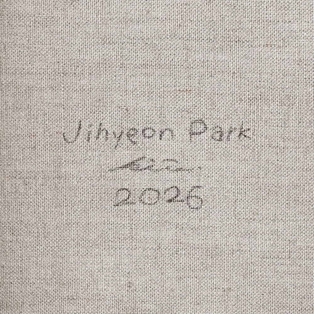 Back of an art canvas showing the artist signature Jihyeon Park a personal sign and the year 2026