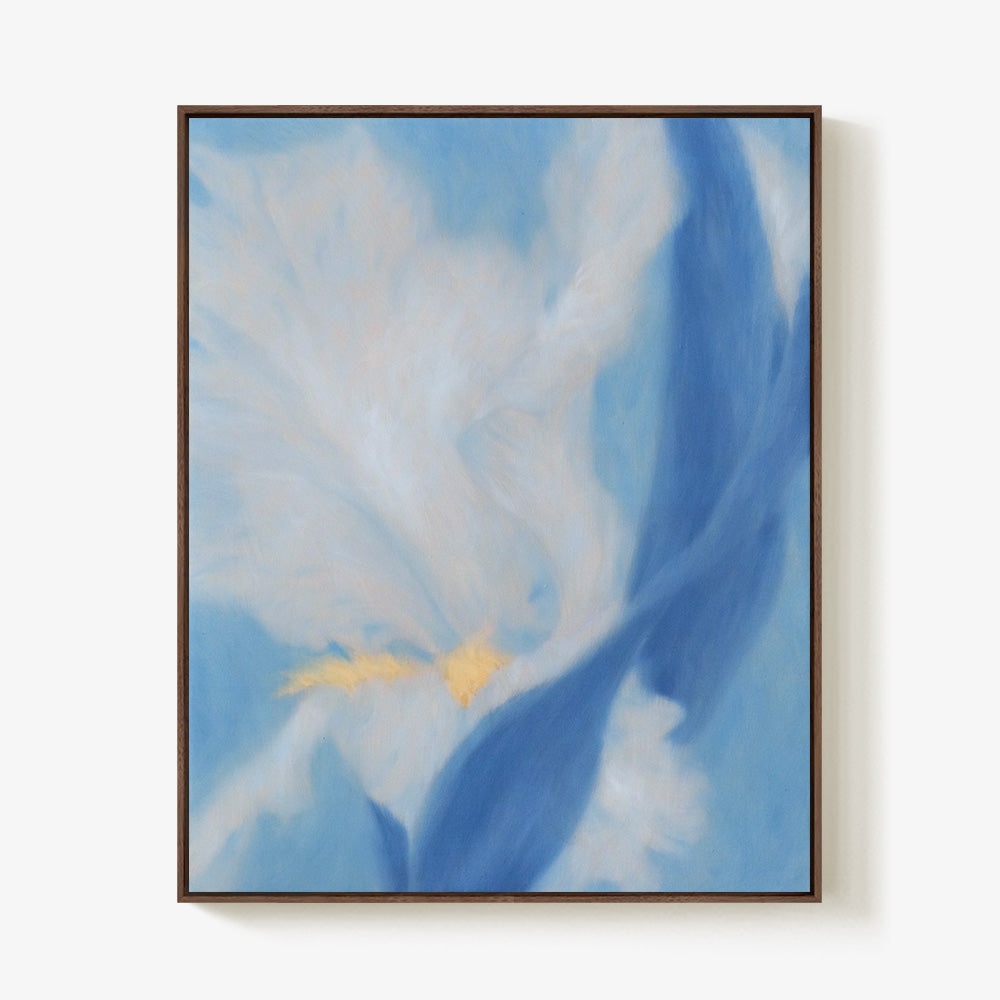 Abstract painting with flowing blue and white layers and a gold accent enclosed in a dark thin wooden frame
