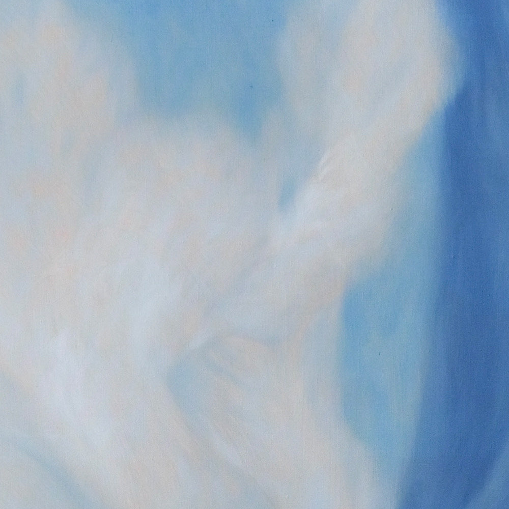 Close-up view of a painting showing blended blue and white brushstrokes suggesting a soft floral motif
