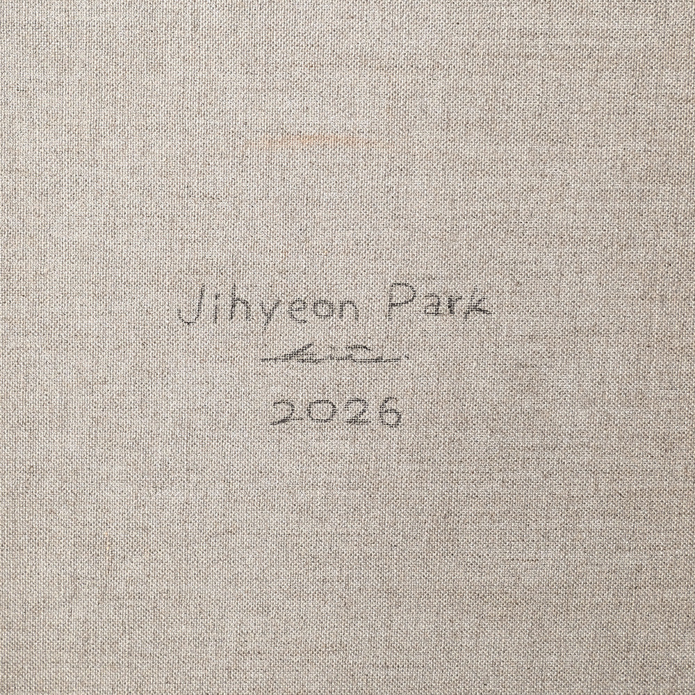 Back of an unmounted canvas painting with Jihyeon Park and 2026 written in pencil on the natural linen