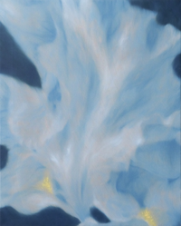Abstract painting with swirling blue strokes and golden accents set against a deep dark backdrop