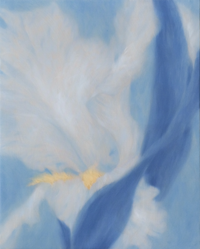 Unframed painting with soft ethereal blue and white layers and a distinct textured gold focal point