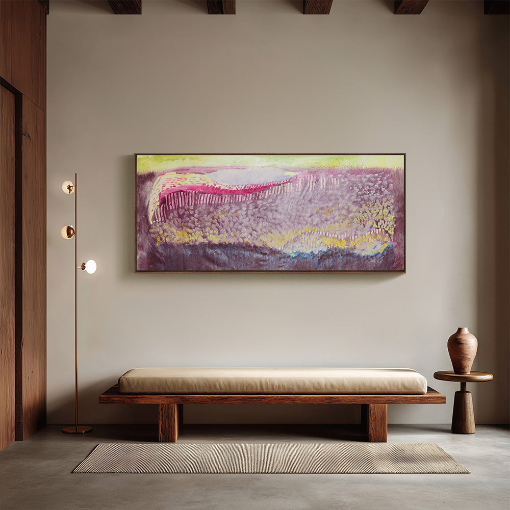 Wide landscape abstract painting with horizontal bands of soft pink yellow and deep purple colors