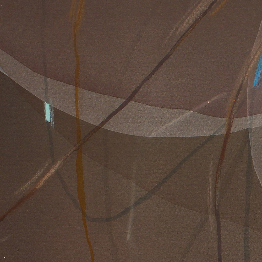 Close-up detail of an abstract painting showing thin amber and teal lines layered over a textured deep brown surface