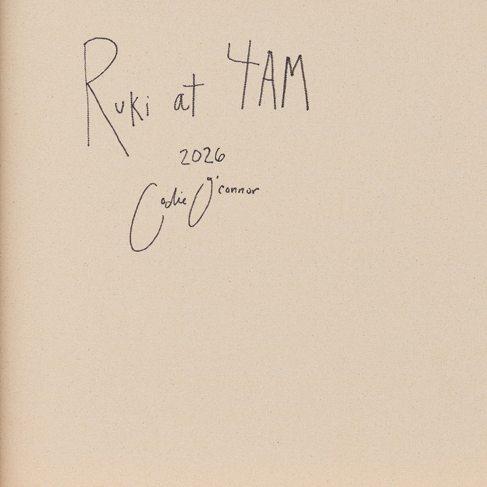 Close-up of a canvas back with the handwritten text Ruki at 4AM 2026 and the artists signature