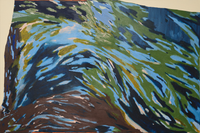 Abstract canvas art with a vibrant interplay of green and blue brushstrokes over a muted cream backdrop