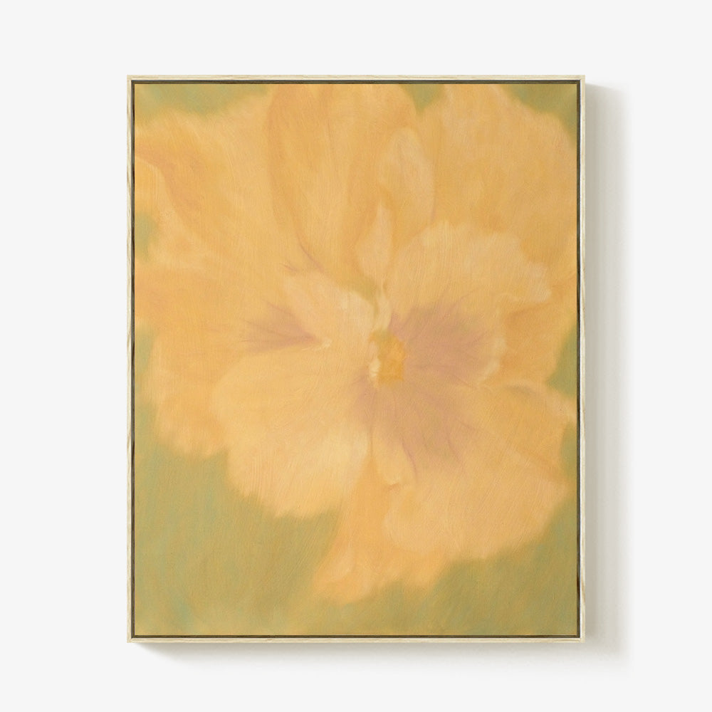 Abstract painting titled Sage Drift by Jihyeon Park showing a soft yellow flower on a sage green background in a light