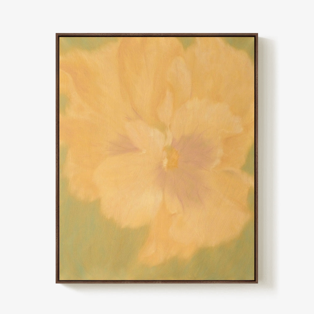 Abstract painting with a soft yellow flower on a sage green background in a wooden frame