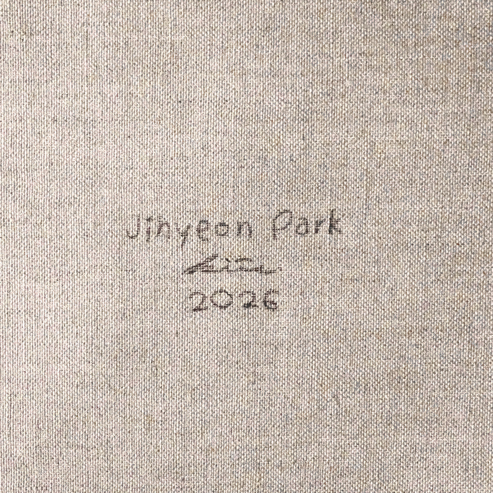 Close-up of Jihyeon Parks signature and the year 2026 on the back of a canvas